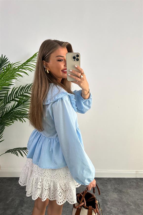 Pinterest Model Bebe Yaka Romantik Gömlek Tatlı Mavi