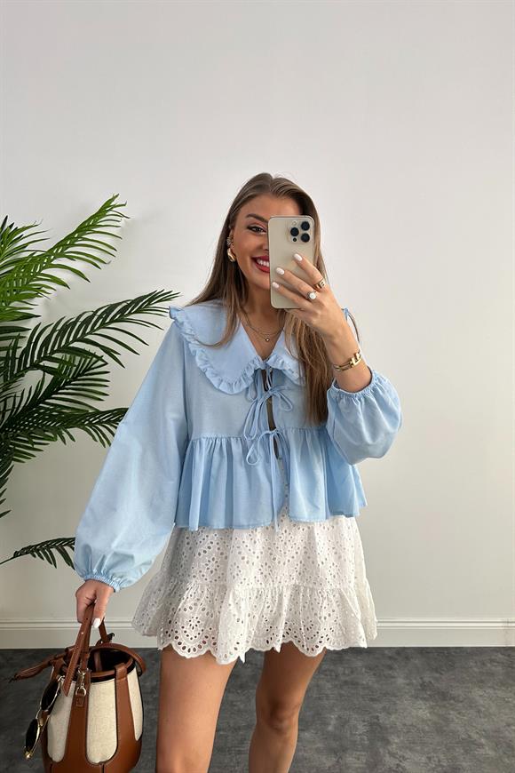 Pinterest Model Bebe Yaka Romantik Gömlek Tatlı Mavi