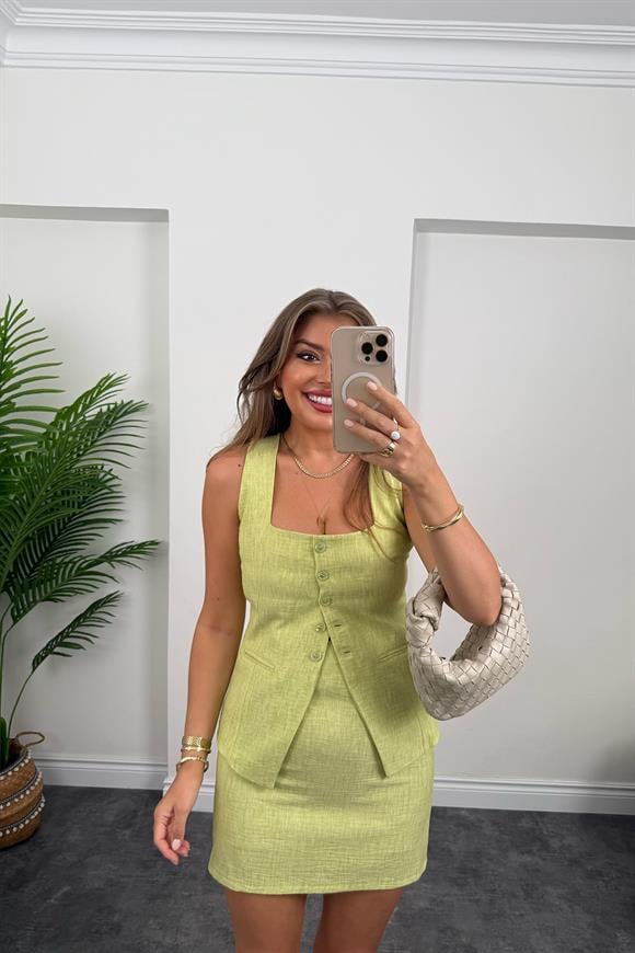 Pinterest Model Etek Yelek Keten Takım Fıstık Yeşili