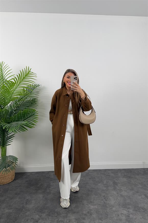 Pinterest Model Tam Boy Düğmeli Maxi Kaşe Kaban Taba Kahve