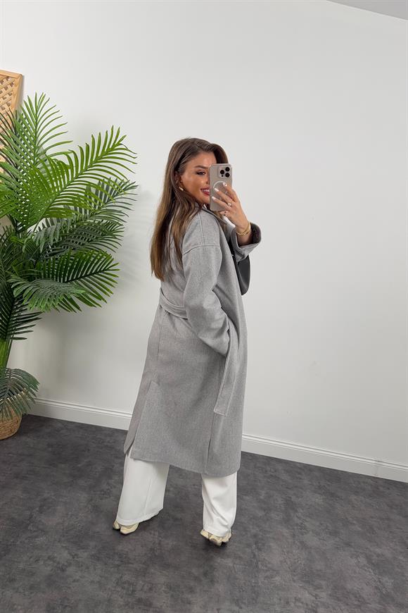 Pinterest Model Tam Boy Düğmeli Maxi Kaşe Kaban Gri