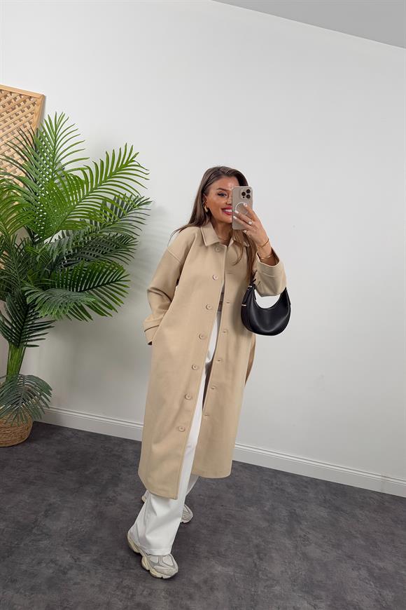 Pinterest Model Tam Boy Düğmeli Maxi Kaşe Kaban Taş