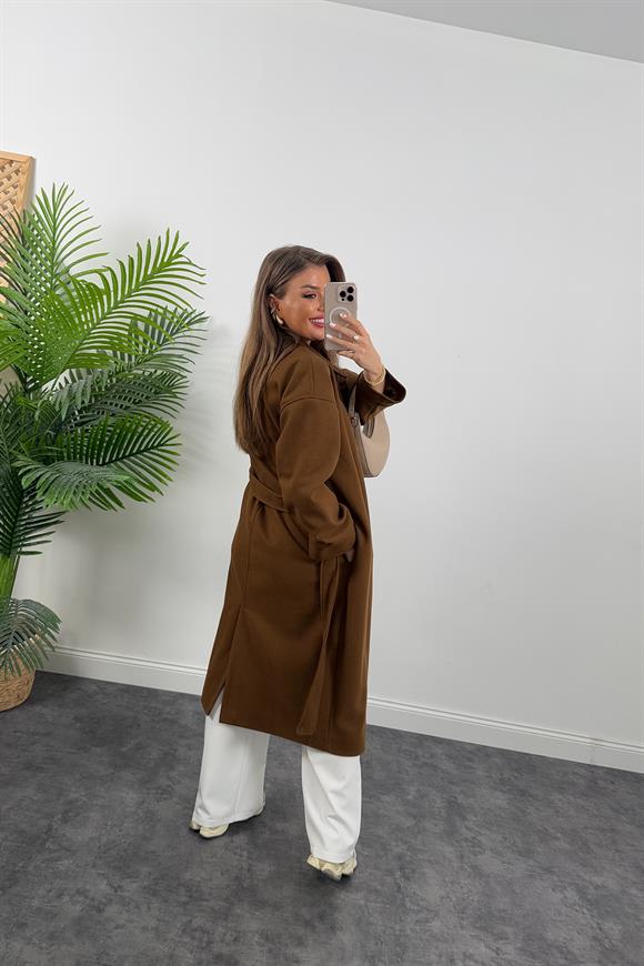 Pinterest Model Tam Boy Düğmeli Maxi Kaşe Kaban Taba Kahve