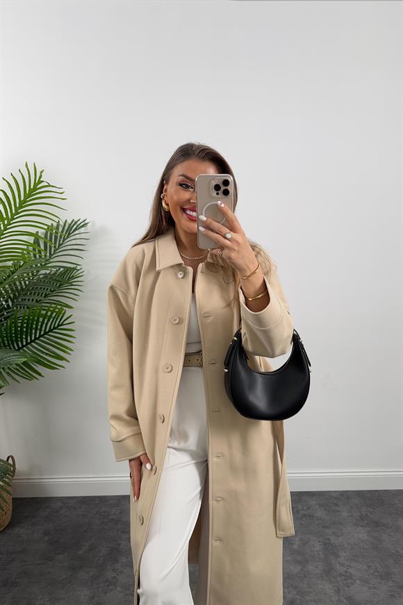 Pinterest Model Tam Boy Düğmeli Maxi Kaşe Kaban Taş