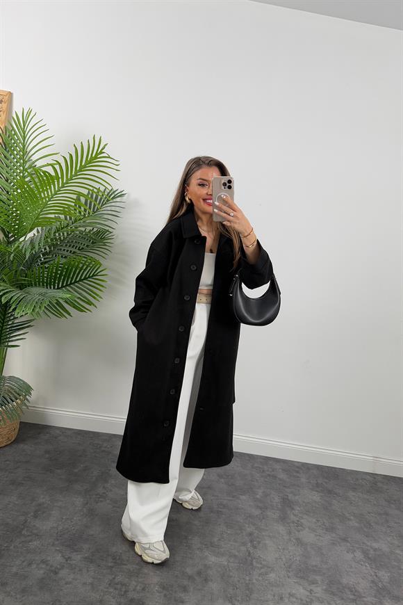 Pinterest Model Tam Boy Düğmeli Maxi Kaşe Kaban Siyah