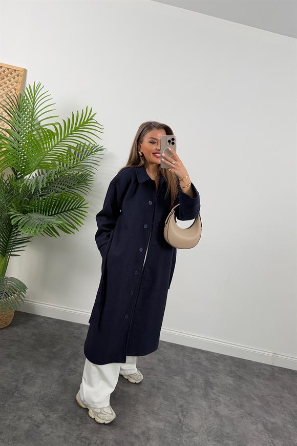 Pinterest Model Tam Boy Düğmeli Maxi Kaşe Kaban Lacivert