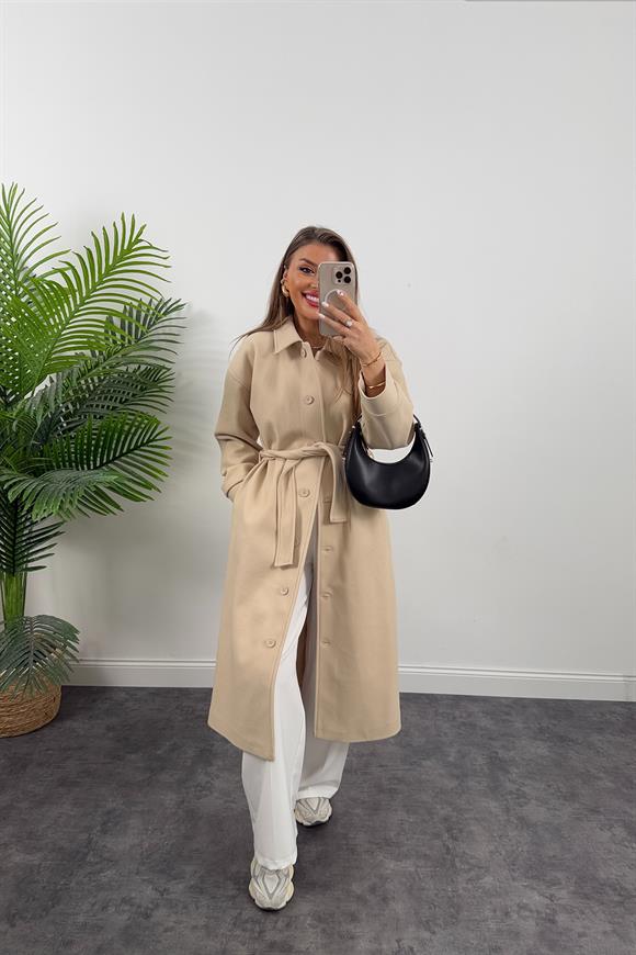 Pinterest Model Tam Boy Düğmeli Maxi Kaşe Kaban Taş