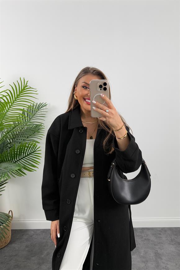 Pinterest Model Tam Boy Düğmeli Maxi Kaşe Kaban Siyah