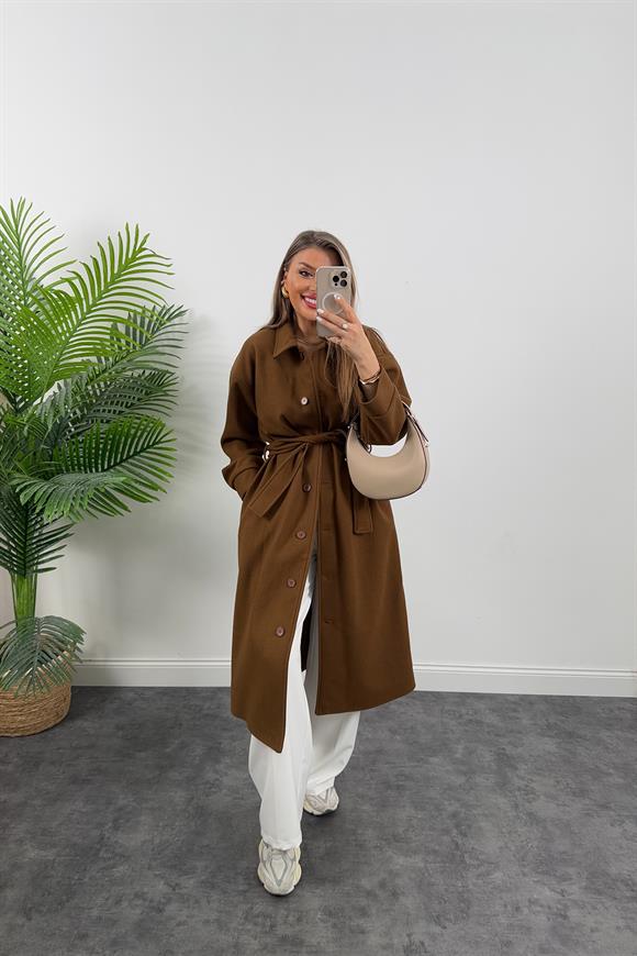Pinterest Model Tam Boy Düğmeli Maxi Kaşe Kaban Taba Kahve