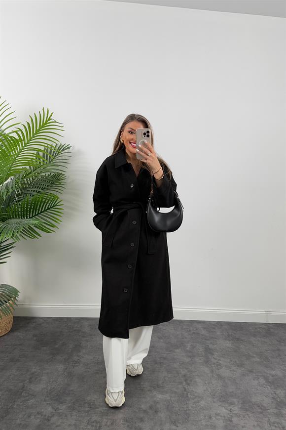 Pinterest Model Tam Boy Düğmeli Maxi Kaşe Kaban Siyah