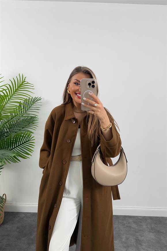 Pinterest Model Tam Boy Düğmeli Maxi Kaşe Kaban Taba Kahve