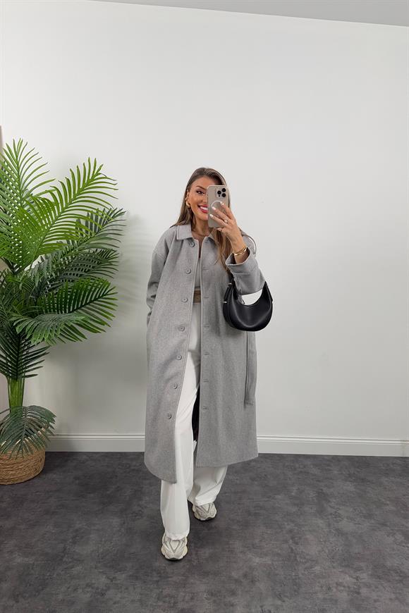 Pinterest Model Tam Boy Düğmeli Maxi Kaşe Kaban Gri