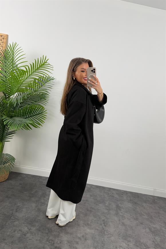 Pinterest Model Tam Boy Düğmeli Maxi Kaşe Kaban Siyah