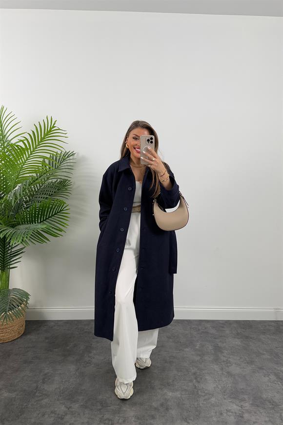Pinterest Model Tam Boy Düğmeli Maxi Kaşe Kaban Lacivert
