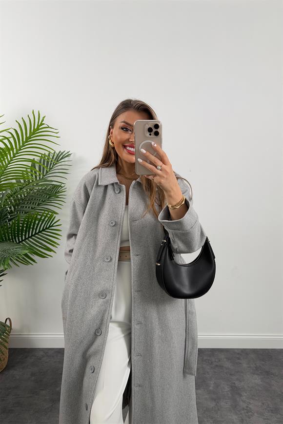 Pinterest Model Tam Boy Düğmeli Maxi Kaşe Kaban Gri