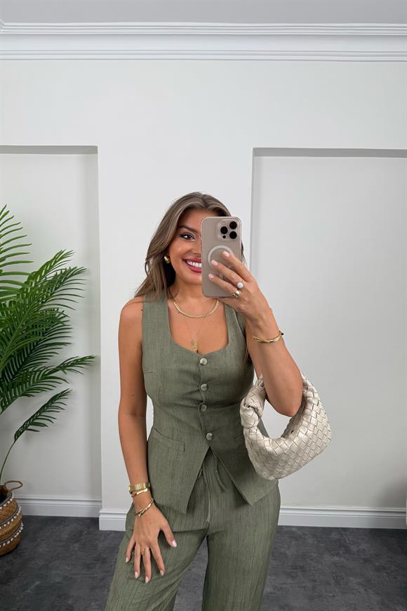 Pinterest Model Tiril Palazzo Yelek Takım Haki