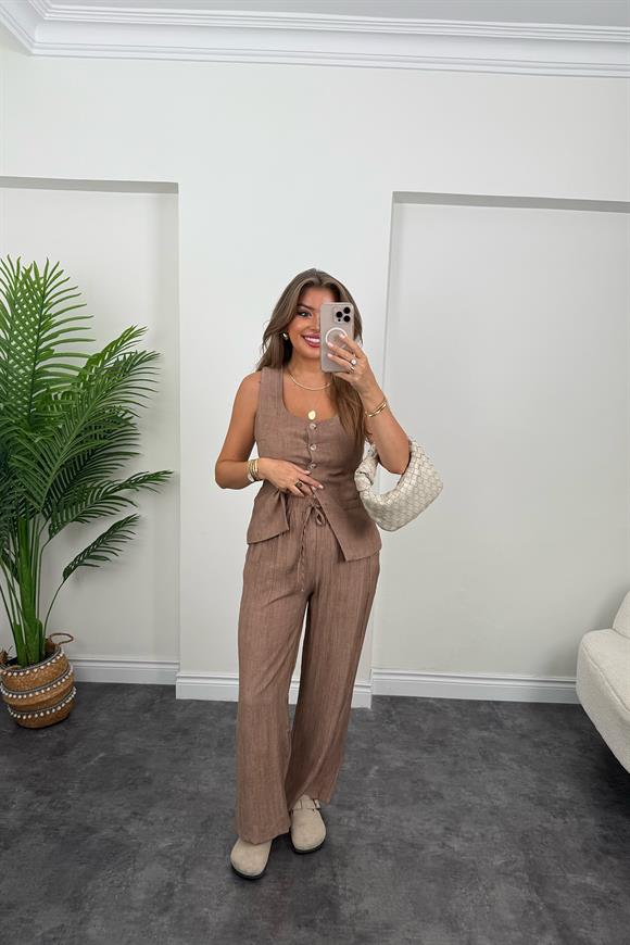 Pinterest Model Tiril Palazzo Yelek Takım Kahverengi 