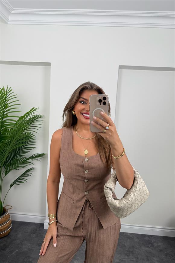 Pinterest Model Tiril Palazzo Yelek Takım Kahverengi 