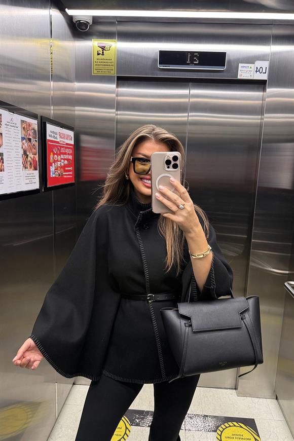 Pinterest Oyalı Kemerli Kaşe Panço Kaban Siyah