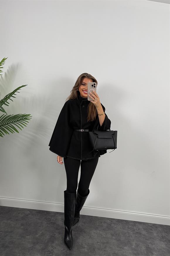 Pinterest Oyalı Kemerli Kaşe Panço Kaban Siyah