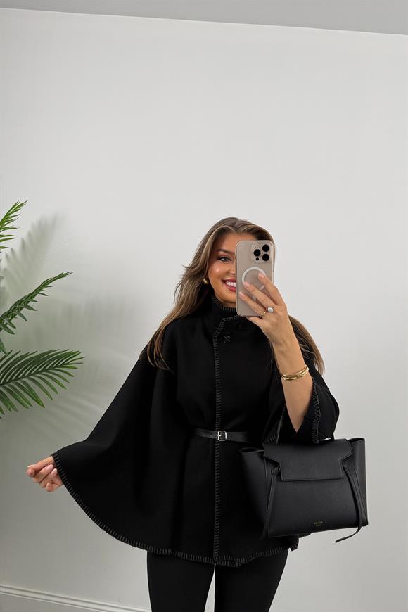 Pinterest Oyalı Kemerli Kaşe Panço Kaban Siyah