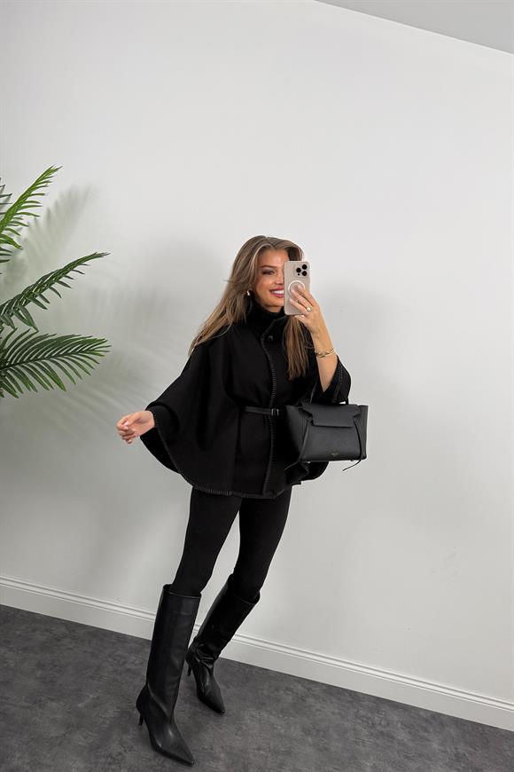 Pinterest Oyalı Kemerli Kaşe Panço Kaban Siyah