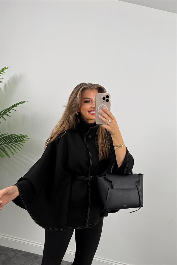 Pinterest Oyalı Kemerli Kaşe Panço Kaban Siyah