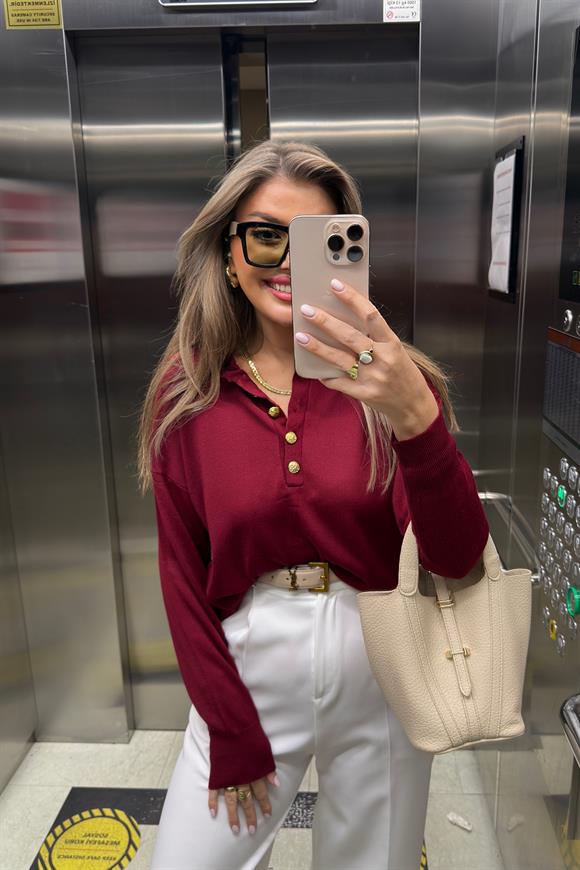 Polo Yaka Gold Düğmeli Basic Triko Bordo
