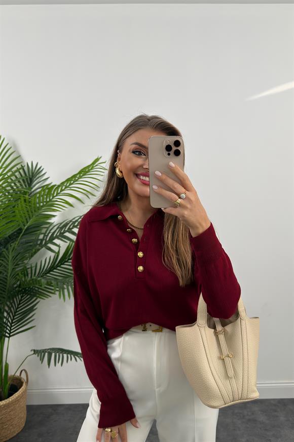 Polo Yaka Gold Düğmeli Basic Triko Bordo