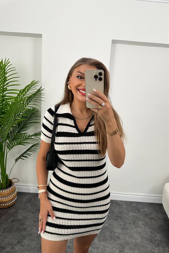Polo Yaka Siyah Beyaz Çizgili Örme Elbise