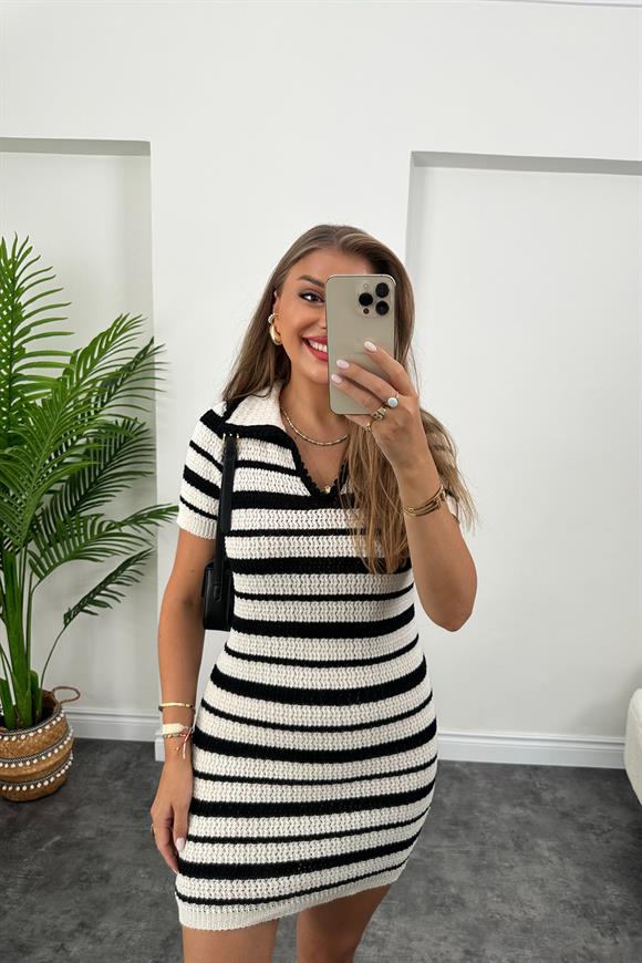 Polo Yaka Siyah Beyaz Çizgili Örme Elbise