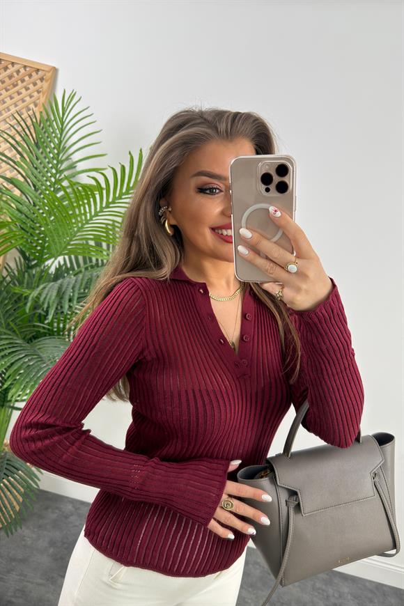 Polo Yaka Transparan Detaylı Triko Bordo