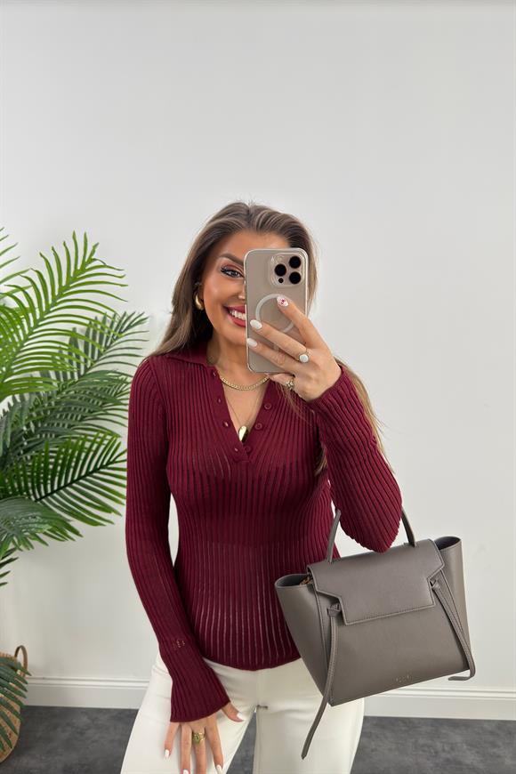 Polo Yaka Transparan Detaylı Triko Bordo