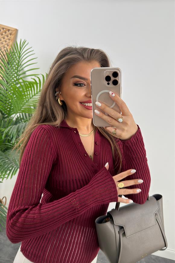 Polo Yaka Transparan Detaylı Triko Bordo