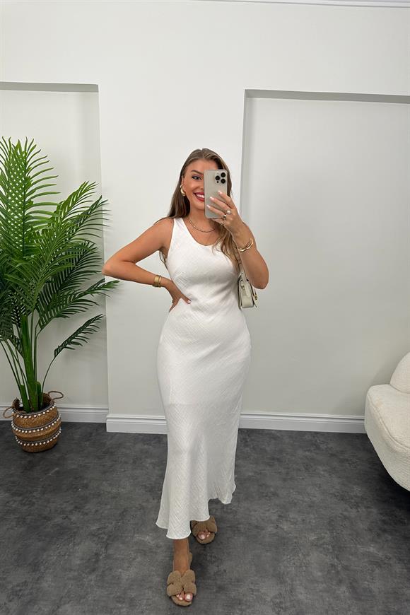Premium Kalite %100 Pamuk Keten Astarlı Basic Maxi Elbise Beyaz