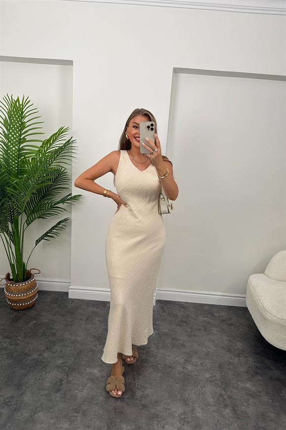 Premium Kalite %100 Pamuk Keten Astarlı Basic Maxi Elbise Taş
