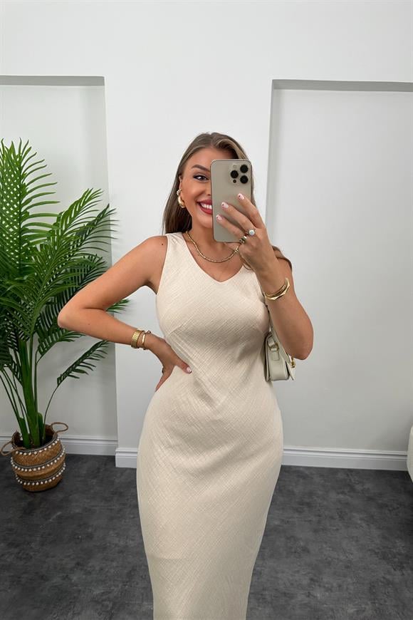 Premium Kalite %100 Pamuk Keten Astarlı Basic Maxi Elbise Taş