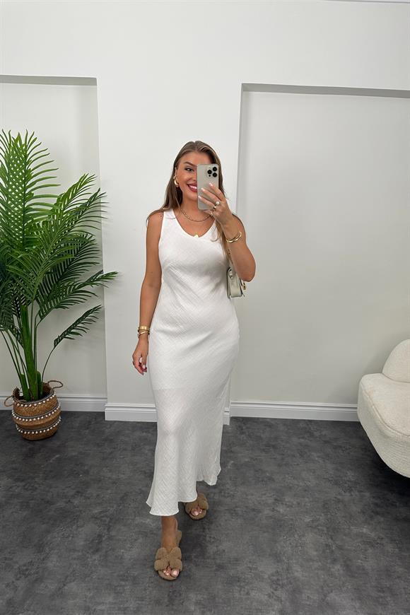 Premium Kalite %100 Pamuk Keten Astarlı Basic Maxi Elbise Beyaz