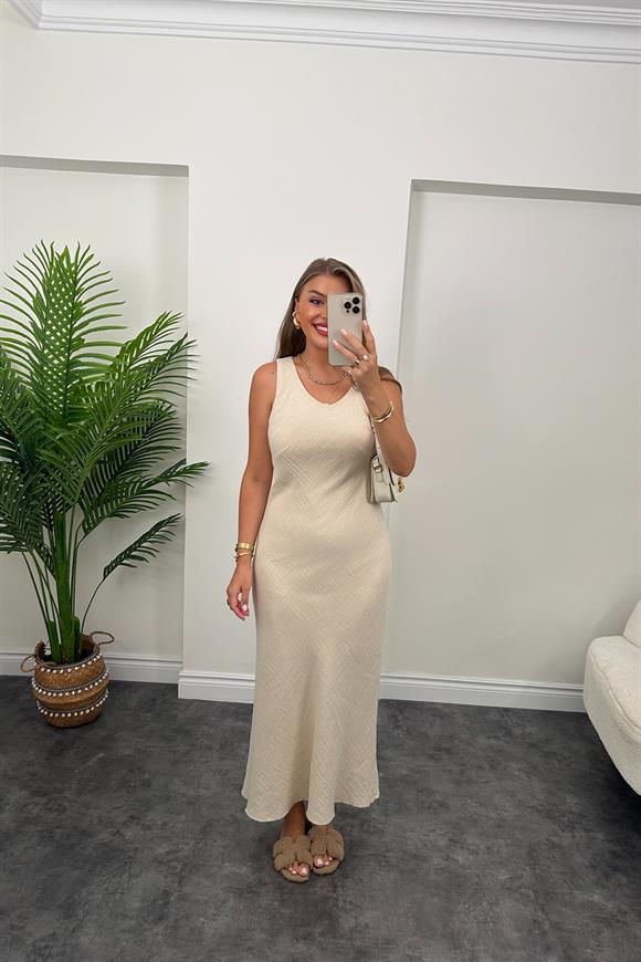 Premium Kalite %100 Pamuk Keten Astarlı Basic Maxi Elbise Taş