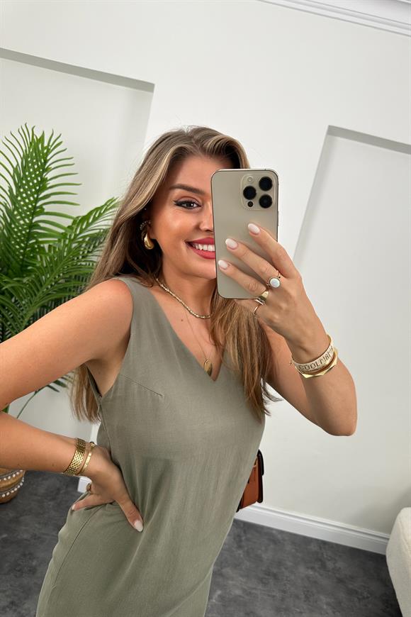 Premium Kalite 4 Mevsim Basic Tensel Elbise Haki