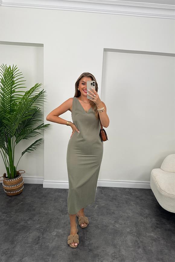 Premium Kalite 4 Mevsim Basic Tensel Elbise Haki