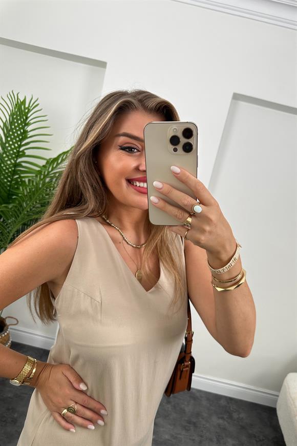 Premium Kalite 4 Mevsim Basic Tensel Elbise Taş