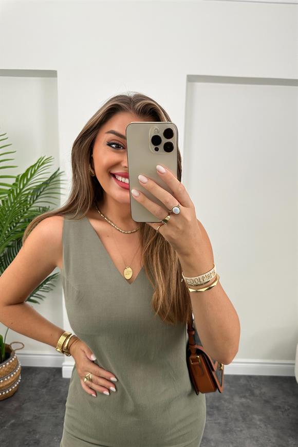 Premium Kalite 4 Mevsim Basic Tensel Elbise Haki