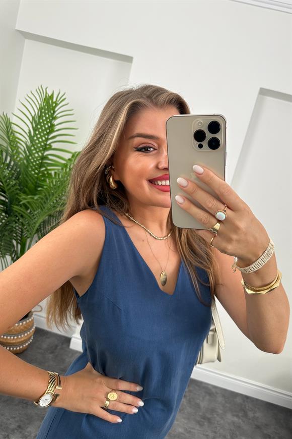 Premium Kalite 4 Mevsim Basic Tensel Elbise İndigo