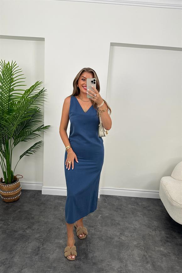 Premium Kalite 4 Mevsim Basic Tensel Elbise İndigo