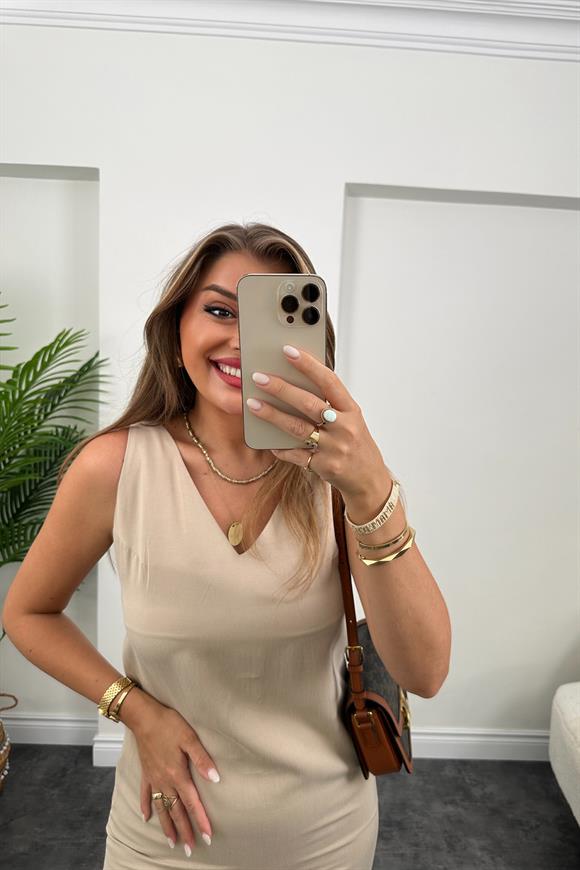 Premium Kalite 4 Mevsim Basic Tensel Elbise Taş