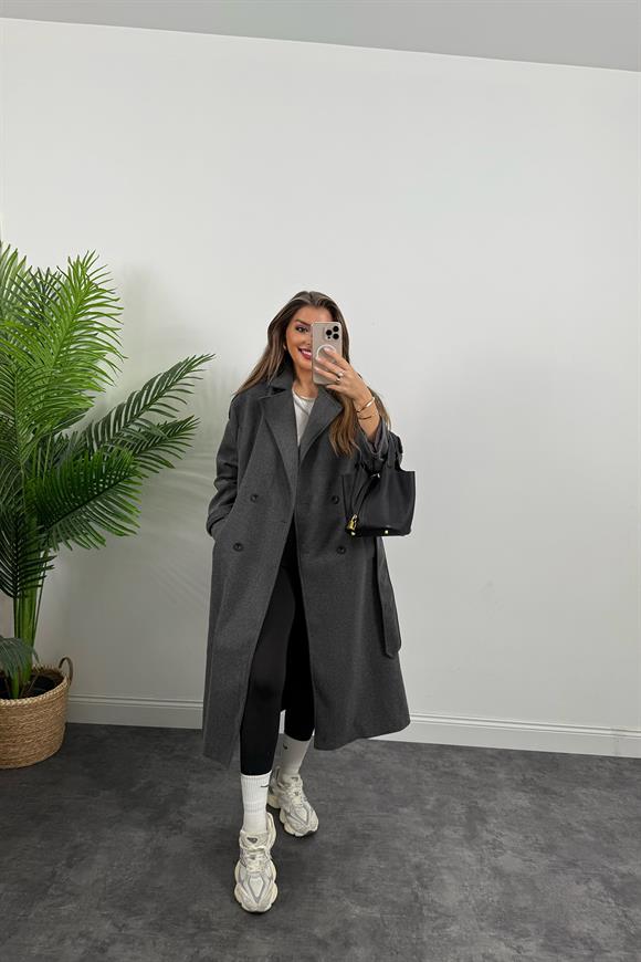 Premium Kalite Apoletli Kuşaklı 4 Düğme Kalın Kaşe Kaban Antrasit Gri