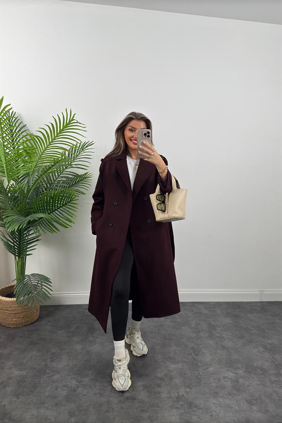 Premium Kalite Apoletli Kuşaklı 4 Düğme Kalın Kaşe Kaban Mürdümsü Koyu Bordo