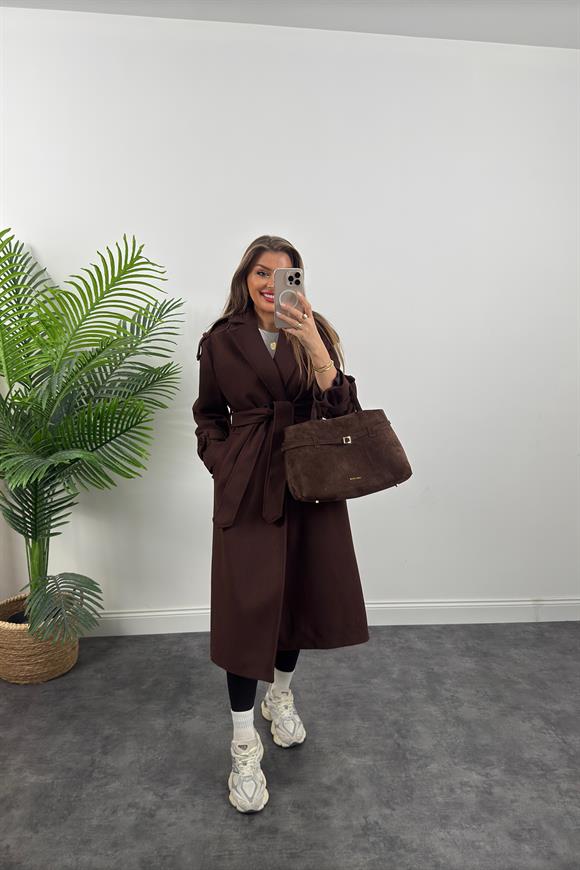 Premium Kalite Apoletli Kuşaklı 4 Düğme Kalın Kaşe Kaban Acı Kahve