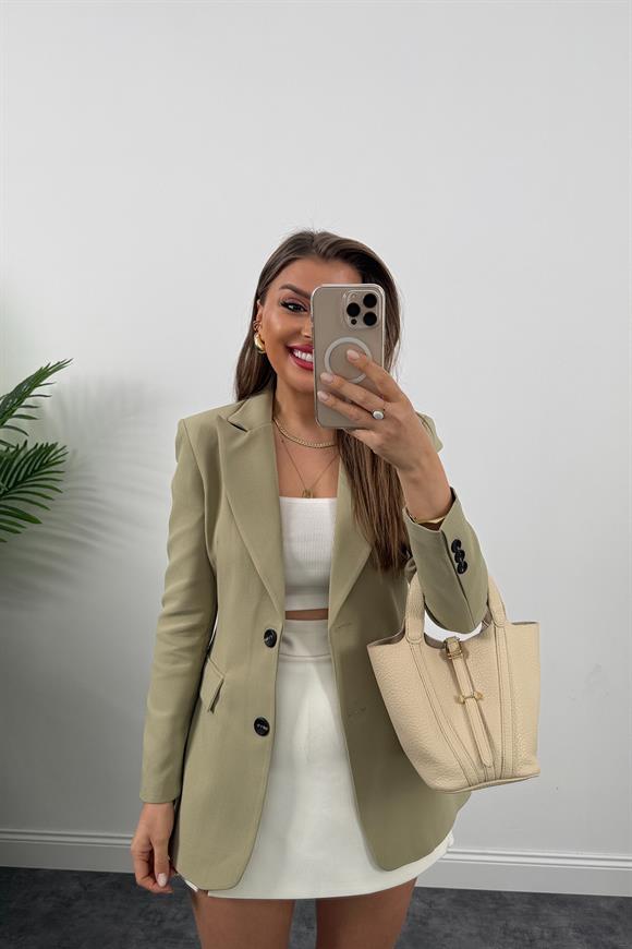 Premium Kalite Belden Oturtmalı Double Atlas Kumaş Ceket Açık Haki